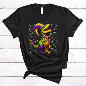 MacnyStore - Mardi Gras T-Rex Wearing Jester Hat Beads, Joyful Mardi Gras Carnival Party, Parade Group T-Shirt