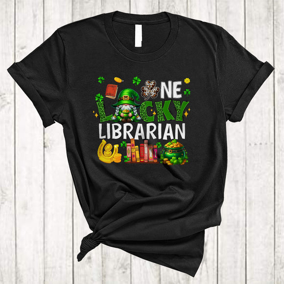 MacnyStore - One Lucky Librarian, Cute St. Patrick's Day Leopard Plaid Librarian Gnome, Irish Gnomies Group T-Shirt