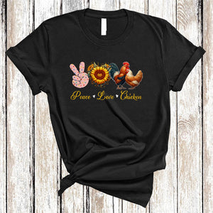 MacnyStore - Peace Love Chicken, Amazing Cute Peace Hand Sign Heart Shape Sunflower, Chicken Farmer T-Shirt