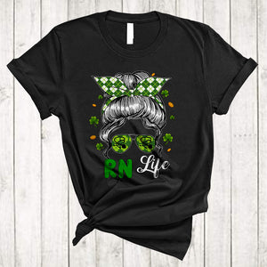 MacnyStore - RN Life, Amazing St. Patrick's Day Bun Hair Woman Face Sunglasses, Lucky Shamrock Nurse T-Shirt