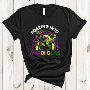 MacnyStore - Roaring Into Mardi Gras, Humorous Mardi Gras T-Rex Masked Beads, Rainbow Parades Squad T-Shirt