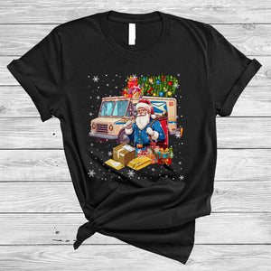 MacnyStore - Santa With Mail Truck, Joyful Christmas Santa Mailman Postal Worker, X-mas Snow Around T-Shirt