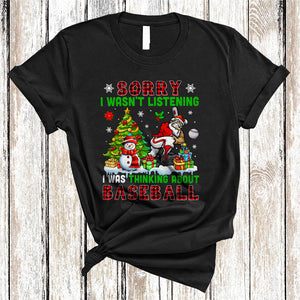 MacnyStore - Sorry I Was Thinking About Baseball, Cool Plaid Christmas Santa Playing Baseball, X-mas Tree T-Shirt