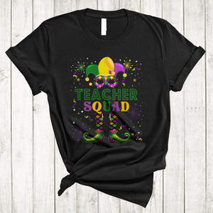 MacnyStore - Teacher Squad, Humorous Mardi Gras Costume Mask Jester Hat Beads, Teacher Parades Group T-Shirt