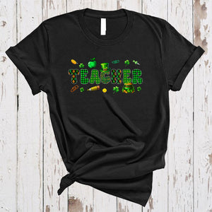 MacnyStore - Teacher, Cheerful St. Patrick's Day Plaid Irish Lucky Shamrocks, Matching Teacher Squad T-Shirt