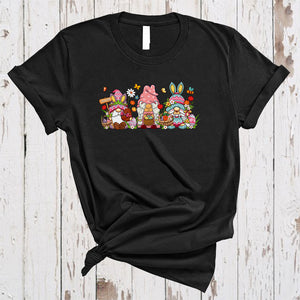 MacnyStore - Three Gnomes Holding Easter Eggs Carrot Chocolate, Lovely Easter Gnomies Squad, Egg Hunt Group T-Shirt